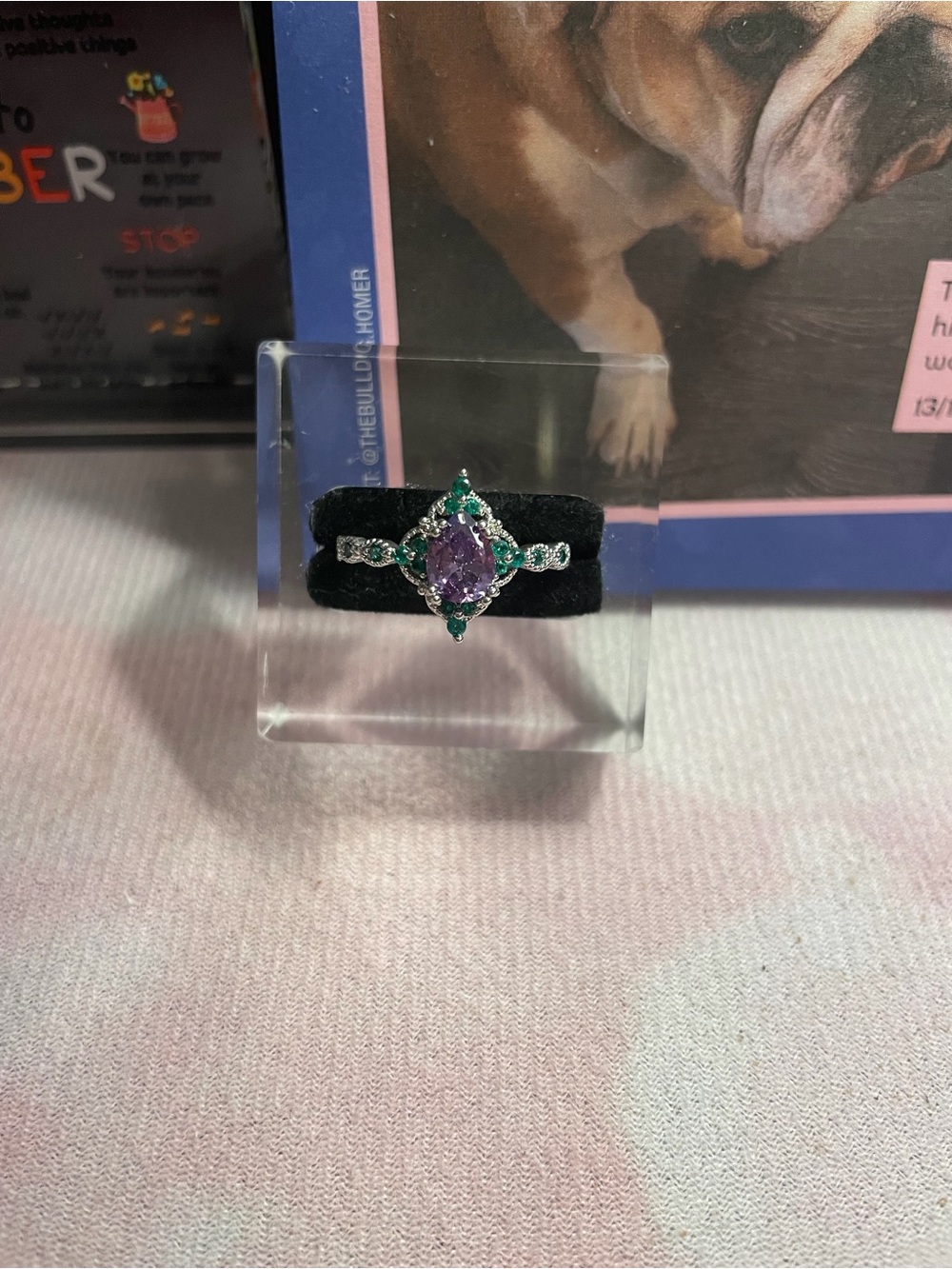 Silver Ring with Lavender Center Stone and Green Accents size 9